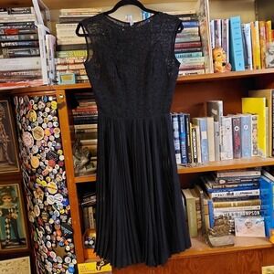 Vintage 50s Carlye Black Lace Soutache Pleated Fit and Flare Dress Small